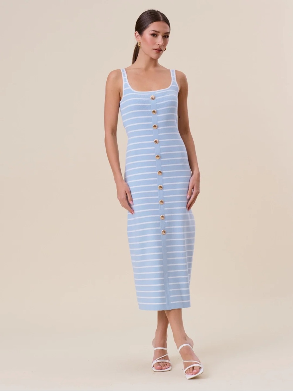 Able USA Striped Light Blue & White Button-Front Maxi Dress